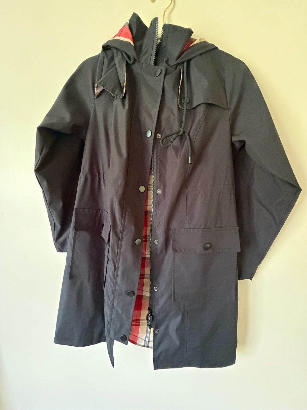 Men's Navy Hooded Rain Coat with Plaid Lining